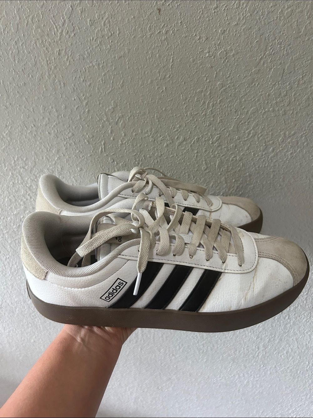 adidas White and Black Low-Top Sneakers with Brown Sole